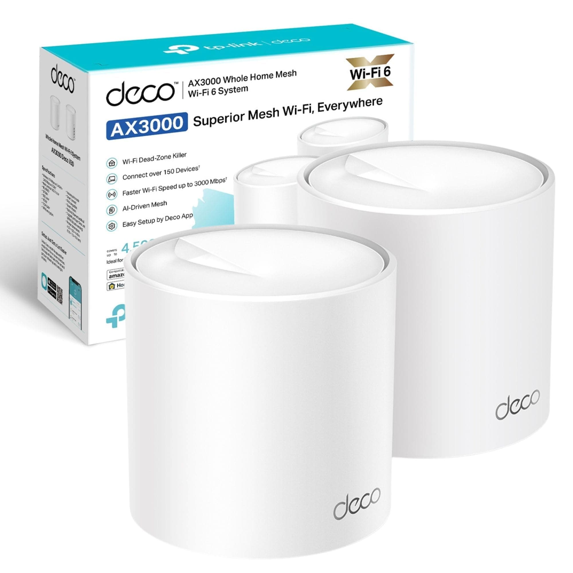 Deco X50 AX3000 Whole Home AI-Driven Mesh Wi-Fi 6 System, Dual Band With Gigabit Port (2 Pack)