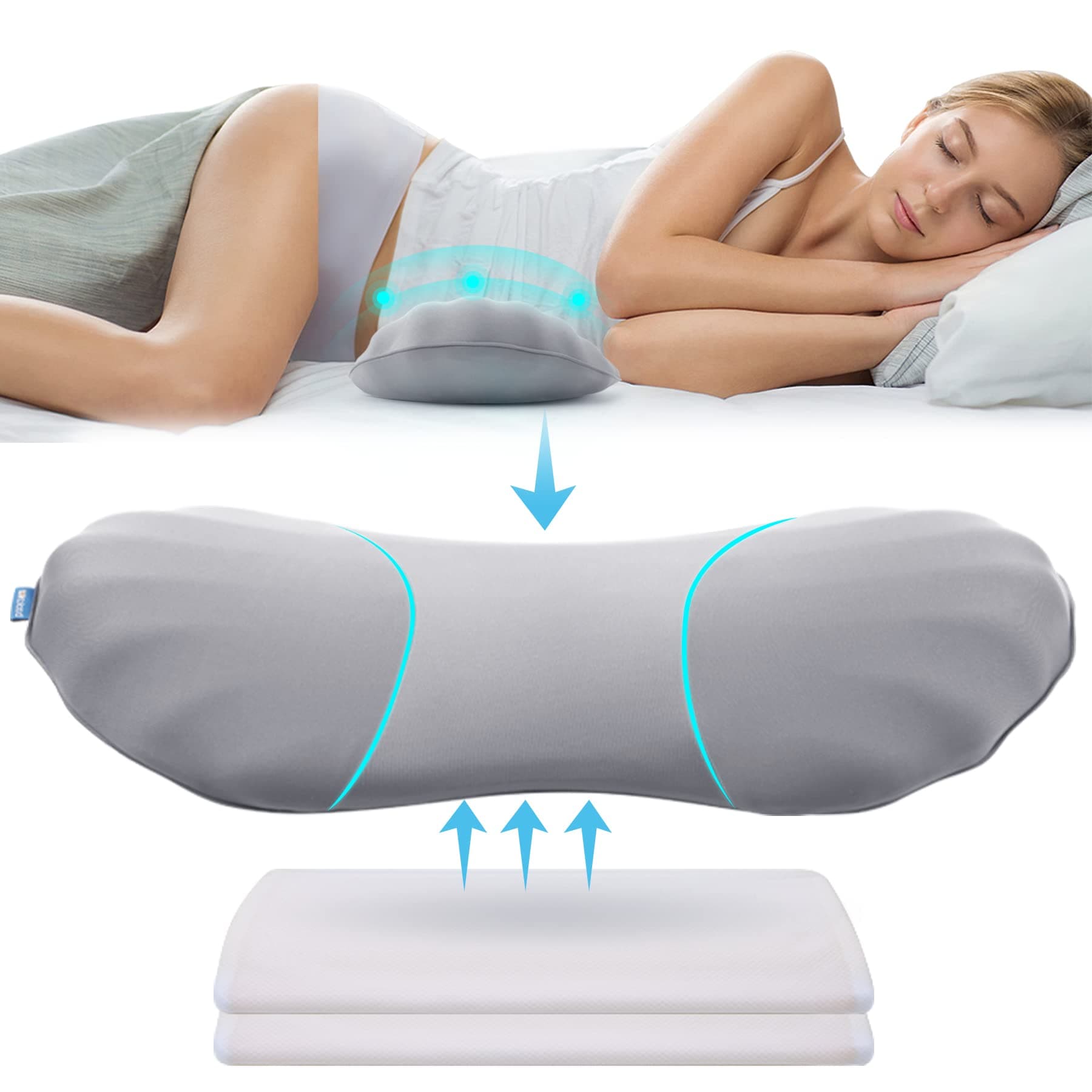 RESTCLOUD Adjustable Lumbar Support Pillow for Sleeping Memory Foam Back Support Pillow for Lower Back Pain Relief, Back Pillow for Sleeping, Lumbar Support Pillow for Bed and Chair with 2 Insert Pads