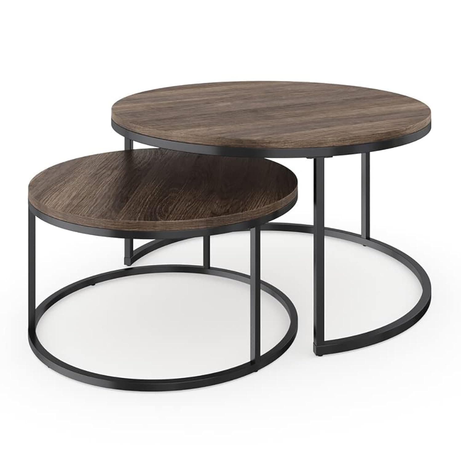 SKY-TOUCH Round Coffee Table Set of 2, Multi-functional Side Table Nesting Table with Steel Frame and Wooden Top, for Living Room, Bedroom, Balcony, Dark Walnut, Easy Assembly, 80x45cm & 60x35cm