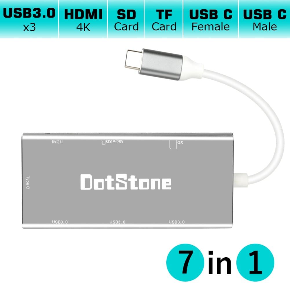 DotStone USB C Hub 7 in 1 USB C Adapter with 3 USB 3.0 Ports SD/TF Card Reader Slot 4K HDMI Output and Type-C Fast-Charging Port for Mackbook Pro 2016/2018 Dell XPS and More Type-c Devices