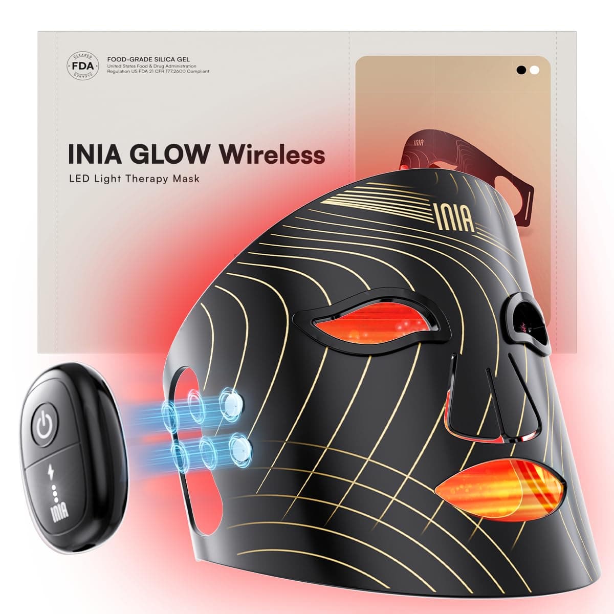 INIA Red Light Therapy Mask for Face, Glow Wireless LED Face Mask Light Therapy with Near-Infrared Red Light (NIR), Rechargeable and Ergonomic Design for Home & Travel