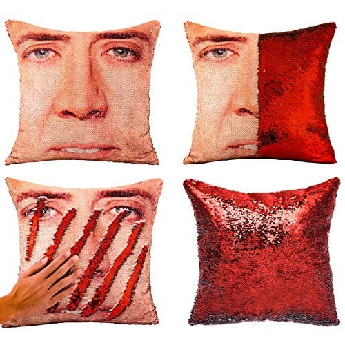 Tiaronics Magic Reversible Sequins Mermaid Pillow Cases Throw Pillow Covers Decorative Pillowcase 4040cm(1616") (Nicolas Cage/Red)