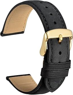 WOCCI Watch Band 21mm - Vintage Leather Watch Strap Black with Gold Buckle (Tone on Tone Stitching)