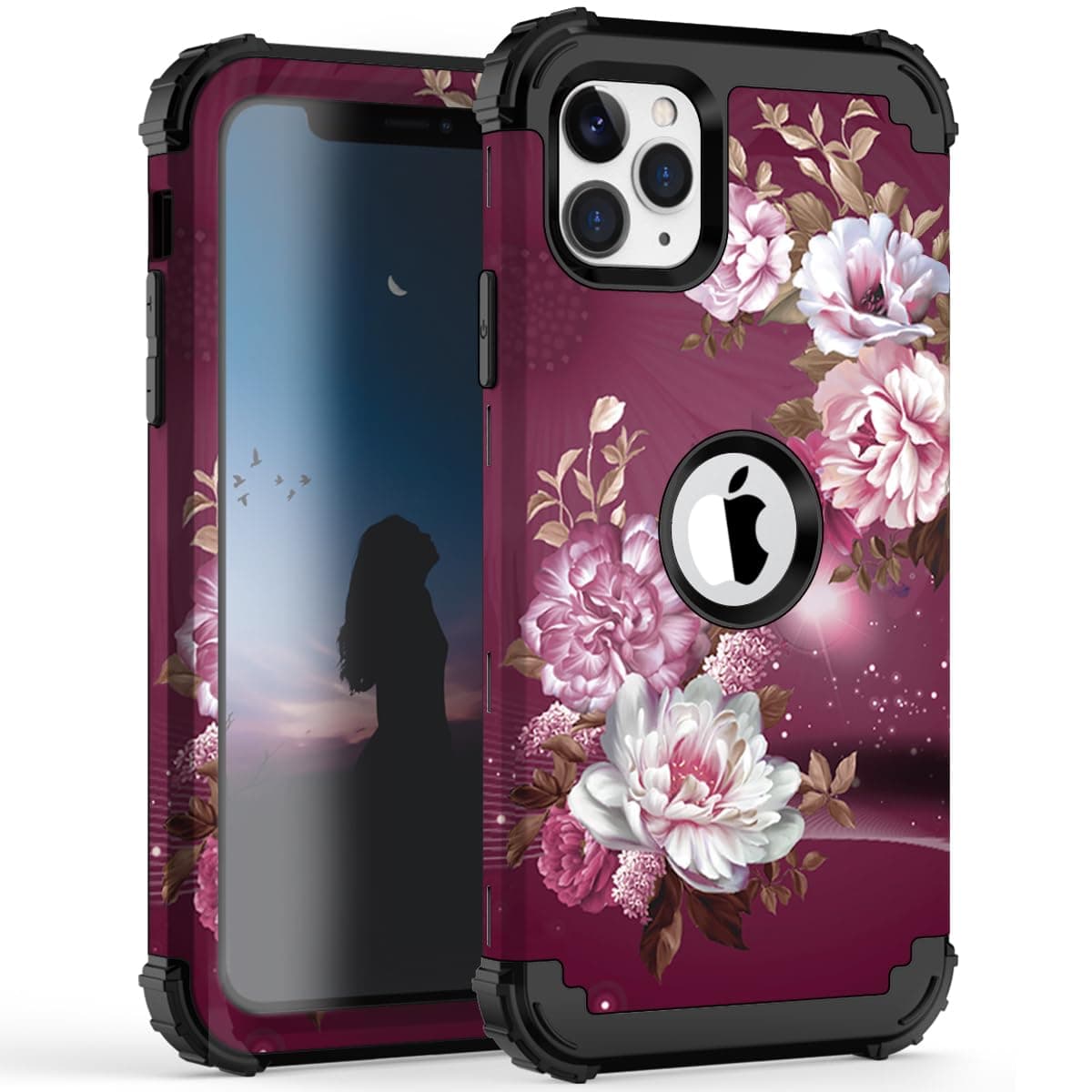 Hocase for iPhone 11 Pro Max Case, Heavy Duty Shockproof Protection Soft Silicone Rubber Bumper+Hard Plastic Hybrid Protective Case for iPhone 11 Pro Max (6.5"") 2019 - Royal Purple Flowers