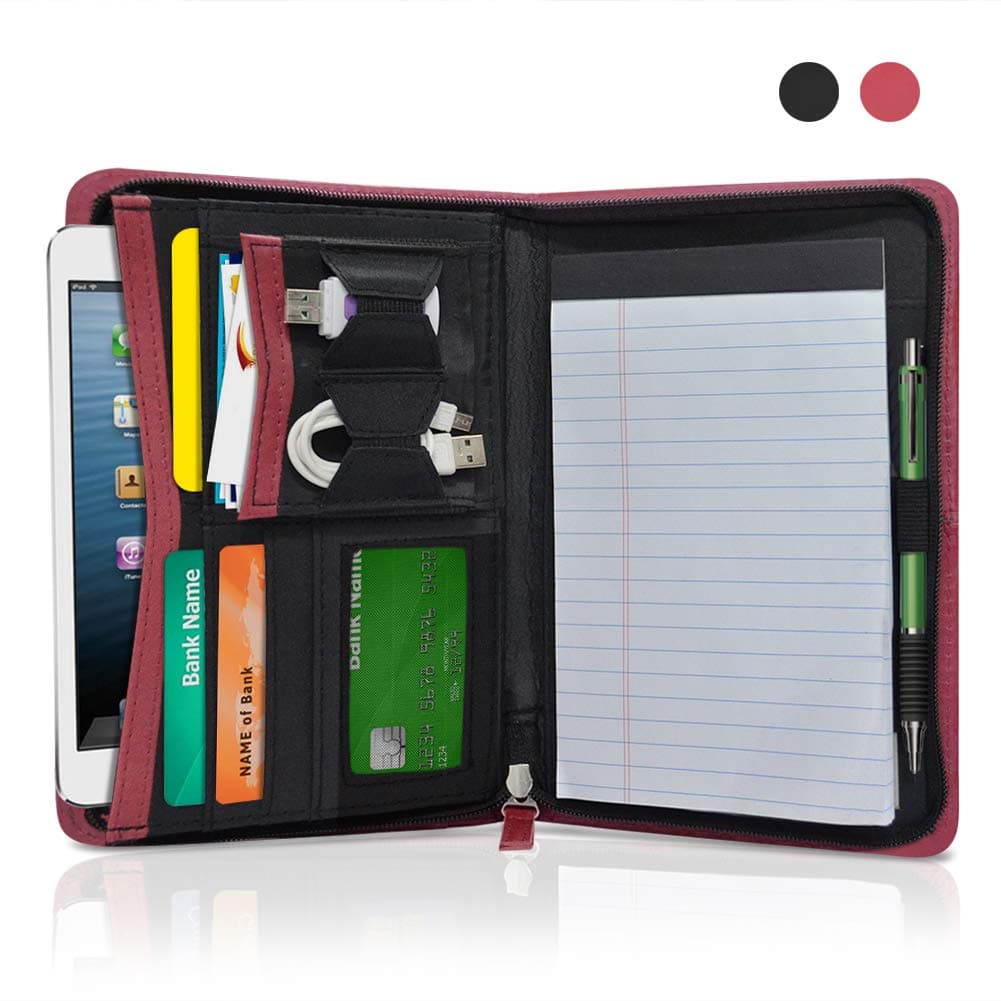 VNOM Mini Zippered Padfolio Binder Notebook Professional PU Leather Portfolio for Women File Organizer Holder for Business Card Resume Passport Document 5x8 Legal Writing Pad (Red)