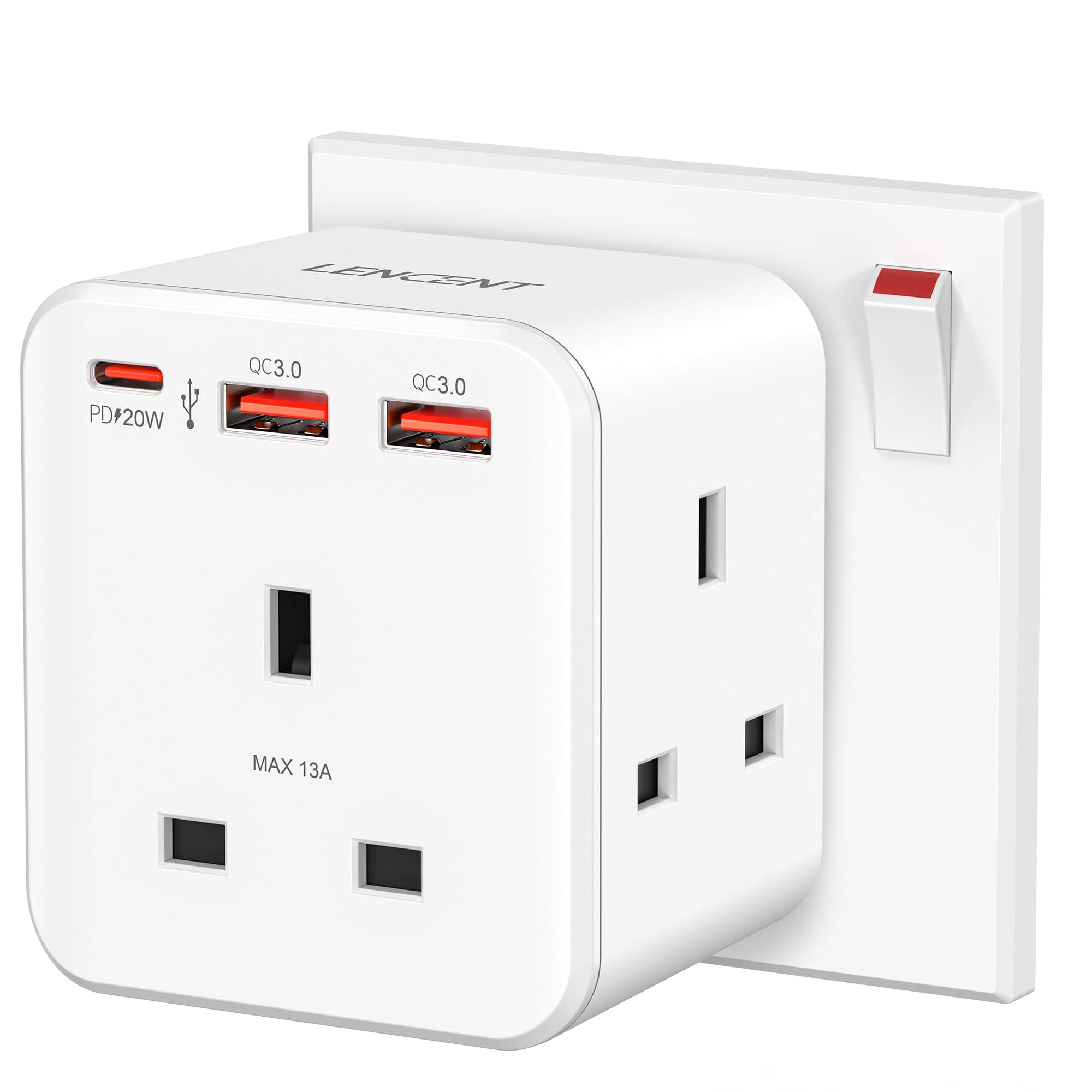 LENCENT Multi Plug Extension, 3 Way 3 Plugs Socket adapter, 6-in-1 Cube Electrical Extender Outlet Adaptor, PD&QC 3.0 20W USB Wall Charger, Plug Expander for Home, Office, Kitchen, 13A 3250W