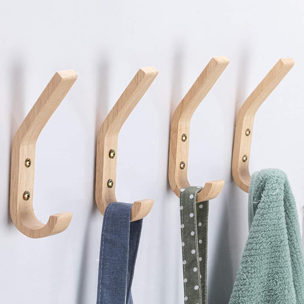 Wood Hooks Wall Mounted, Coat Hooks Vintage Single Wall Hooks Organizer Heavy Duty for Towel Hat Hanging 4 Pack Oak