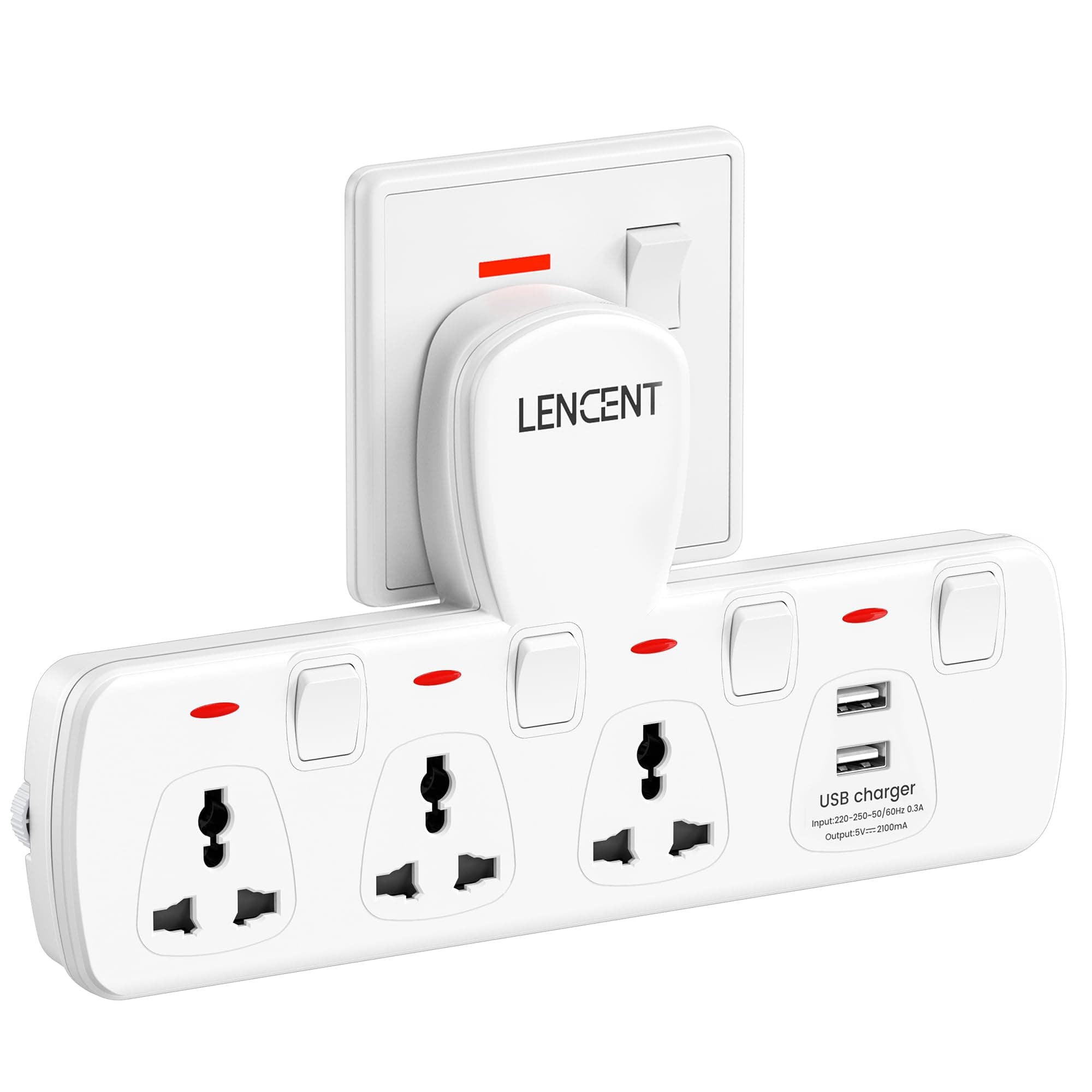 LENCENT Multi Plug Extension Socket with USB, 3 Way Electrical Outlet Extender with 2 USB, Wall Charger, Universal Plug Adapter, Charging Station for Home, Office, Kitchen, Individually Switched