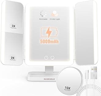 EASEHOLD Makeup Vanity Mirror with 116 Led Lights & 2X 3X 10X Magnification – 5000mAh Rechargeable, Adjustable 3 Colour Lighting Modes, 180° & 90° Rotation Mirror with Light for Countertop, Travel