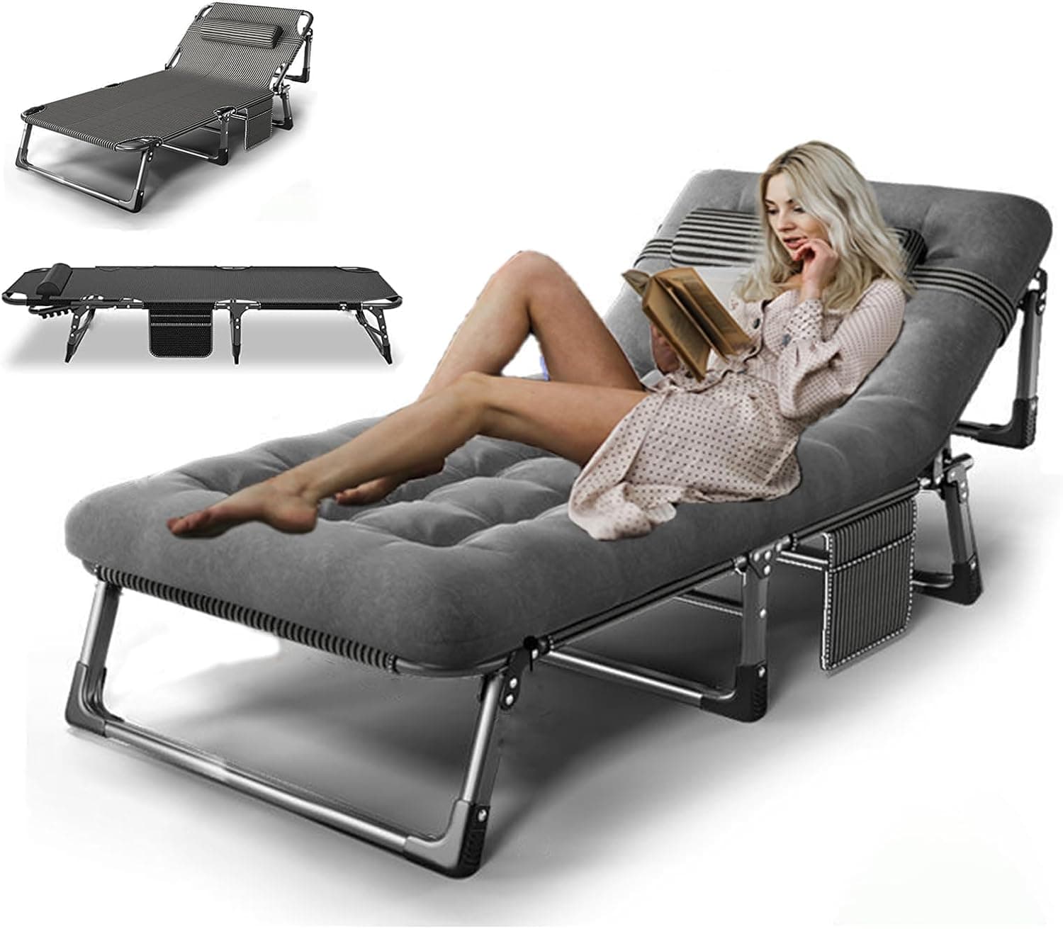 TDOO Portable Folding Camping Cot, Adjustable 4-Position Adults Reclining Lounge Chairs With Pillow, Our Folding Lounge Chair Sleeping Cots Bed, Perfect for Camping, Pool, Beach