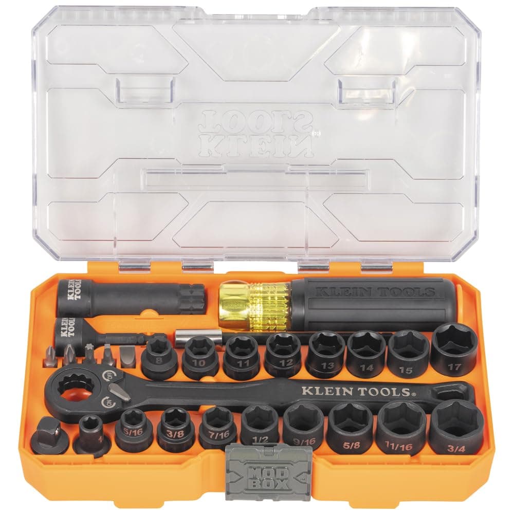 Klein Tools 65400KNECT KNECT Essential Pass-Through Impact Socket Set SAE and Metric 90 Tooth Ratchet, MODbox Case, 3/8" Drive, 28 Piece