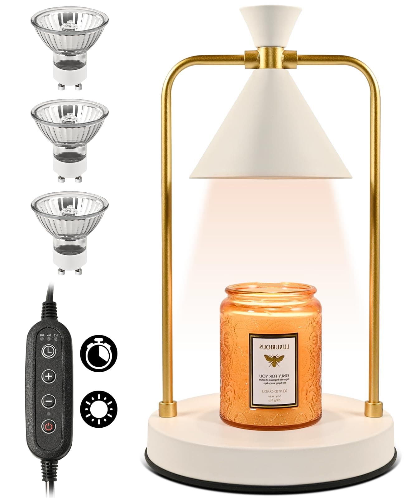 Electric Candle Warmer Lamp, Dimmable Candle Light with Timer, Aromatic Candle Holders with 3 Bulbs and Candles Jar, Vintage Metal Wax Melting Lamp Candle Heater for Home Indoor Decoration (White)