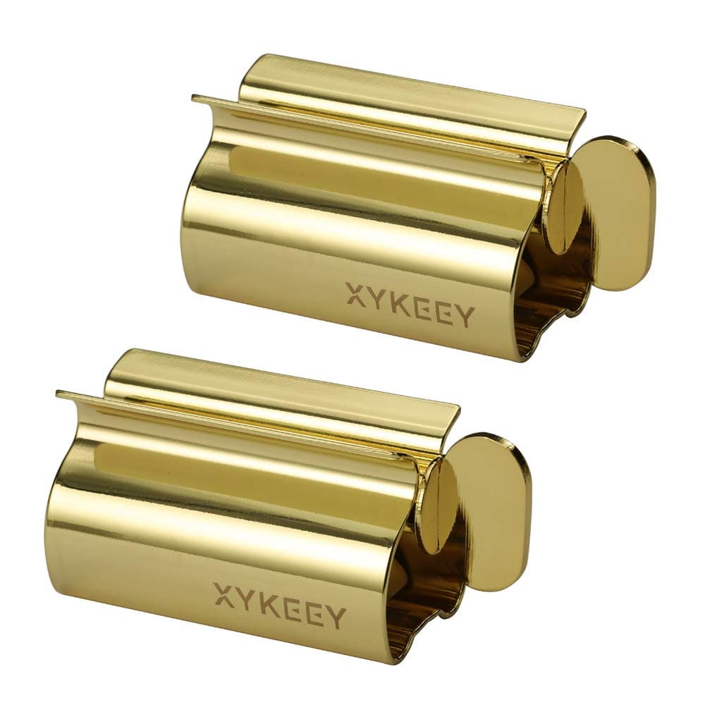 XYKEEY Toothpaste Tube Squeezer - Set of 2 Toothpaste Squeezer Rollers, Metal Toothpaste Tube Wringer Seat Holder Stand (Gold)
