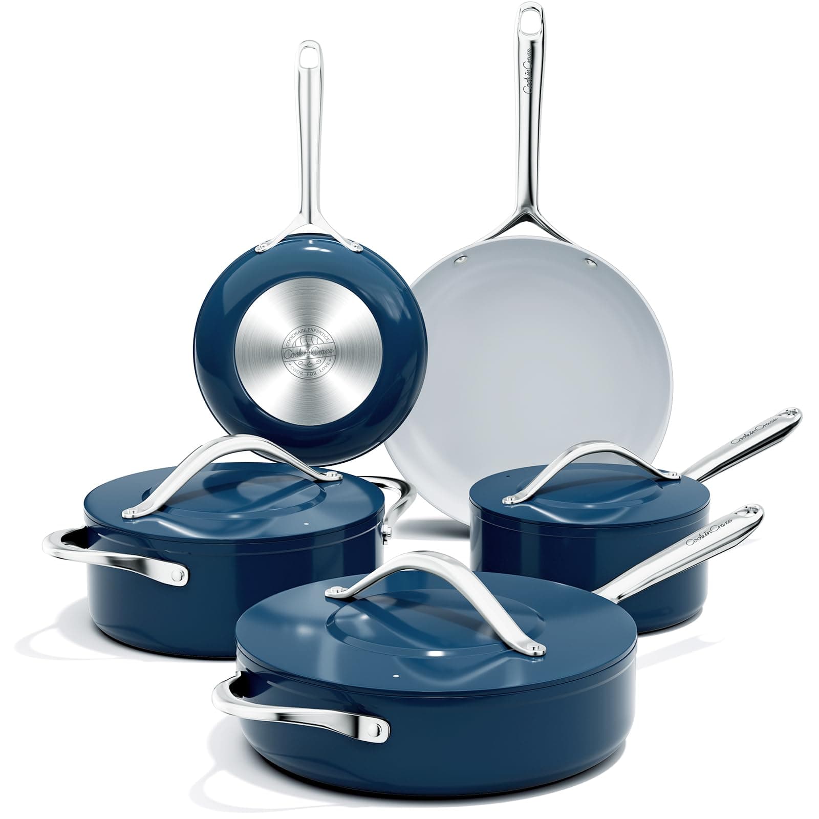 Ceramic Cookware Set 8 Pieces Nonstick Pots and Pans Set with Lid PFAS-Free Non Toxic Cookware, Induction Compatible, Oven Safe, Quick & Even Heat Distribution, Navy Blue
