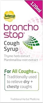 Bronchostop Cough Syrup (120ml) - Relief for Dry or Chesty Coughs - with Natural Thyme Herb and Marshmallow Root Extract - Non Drowsy Cough Medicine that Can Be Diluted & Undiluted - Alcohol Free
