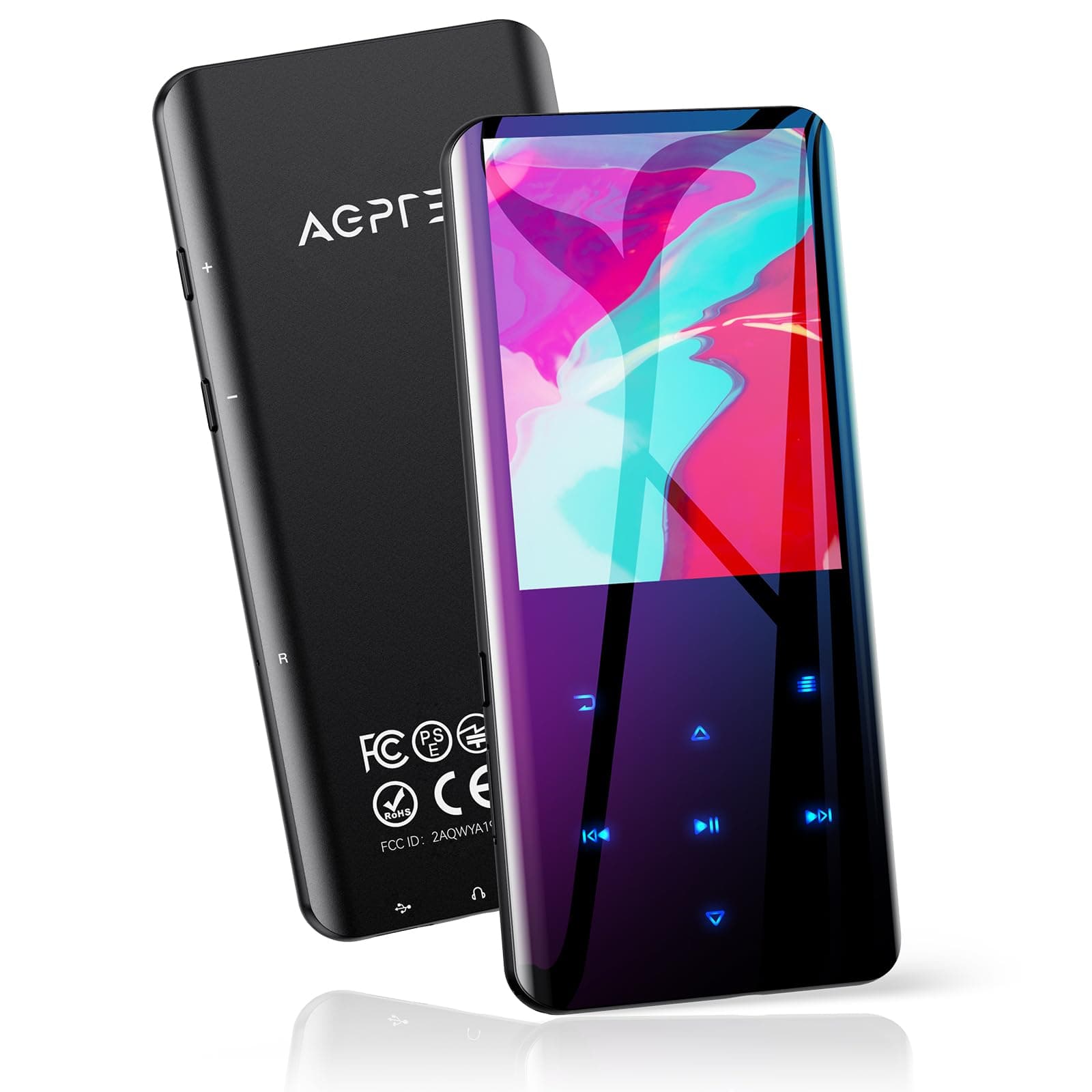 AGPTEK MP3 Player with Bluetooth 5.3, 2.4 Inch Curved Screen, 32GB Internal Memory Expandable up to 128GB, Music Player Built-in Speaker with FM Radio, Voice Recorder, Earphone and Lanyard Included