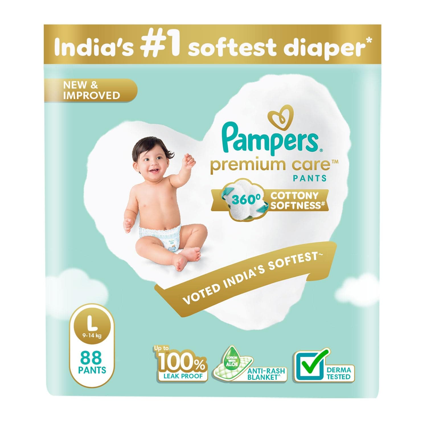 - Pampers Premium Care Pant Style Baby Diapers | Large (L size) | 88 Count | Voted India's Softest | All-in-1 with 360 Cottony Softness Diapers| 9-14kg