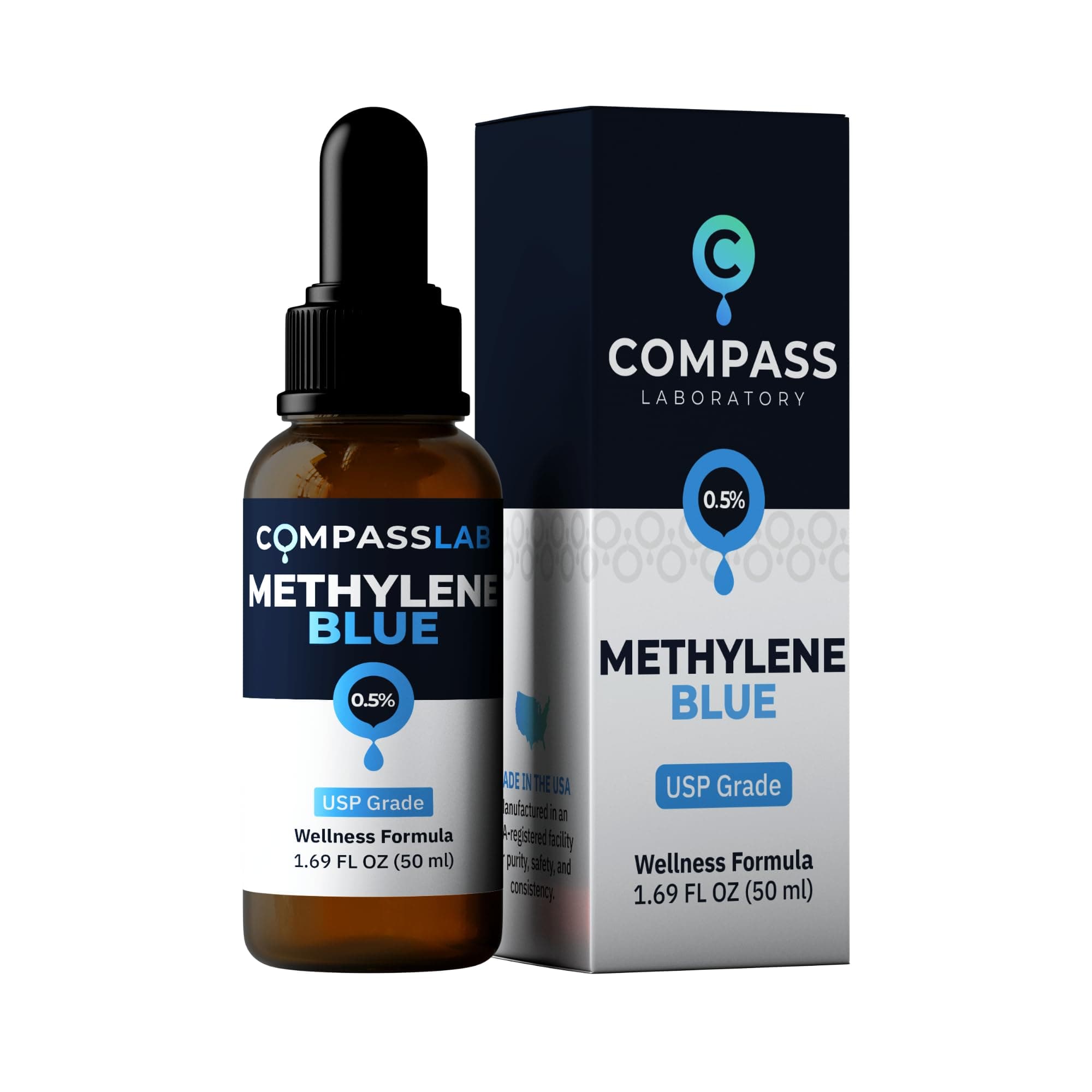 COMPASS LABORATORY Methylene Blue Pharmaceutical Grade, USP Grade, Third-Party Tested Dietary Supplement for Humans, No Formaldehyde, Made in USA (0.5% 50ml Bottle)