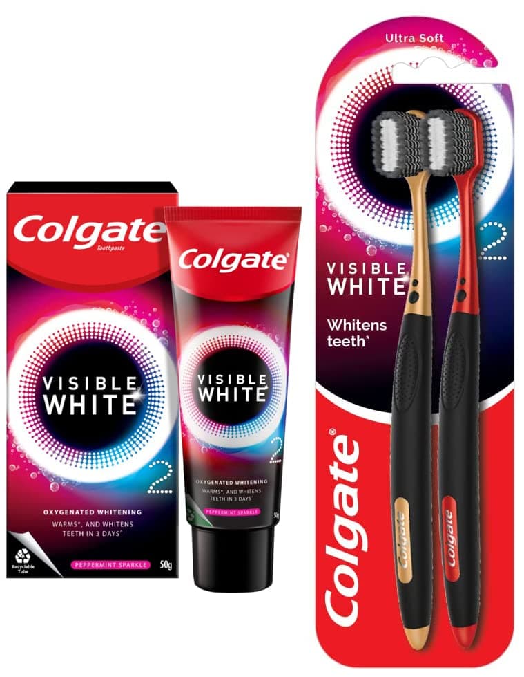 Colgate Visible White O2, Teeth Whitening Toothpaste, Peppermint Sparkle, 50g, Active Oxygen Technology, Enamel Safe Teeth Whitening Product & Colgate Visible White O2 Toothbrush - 2pcs
