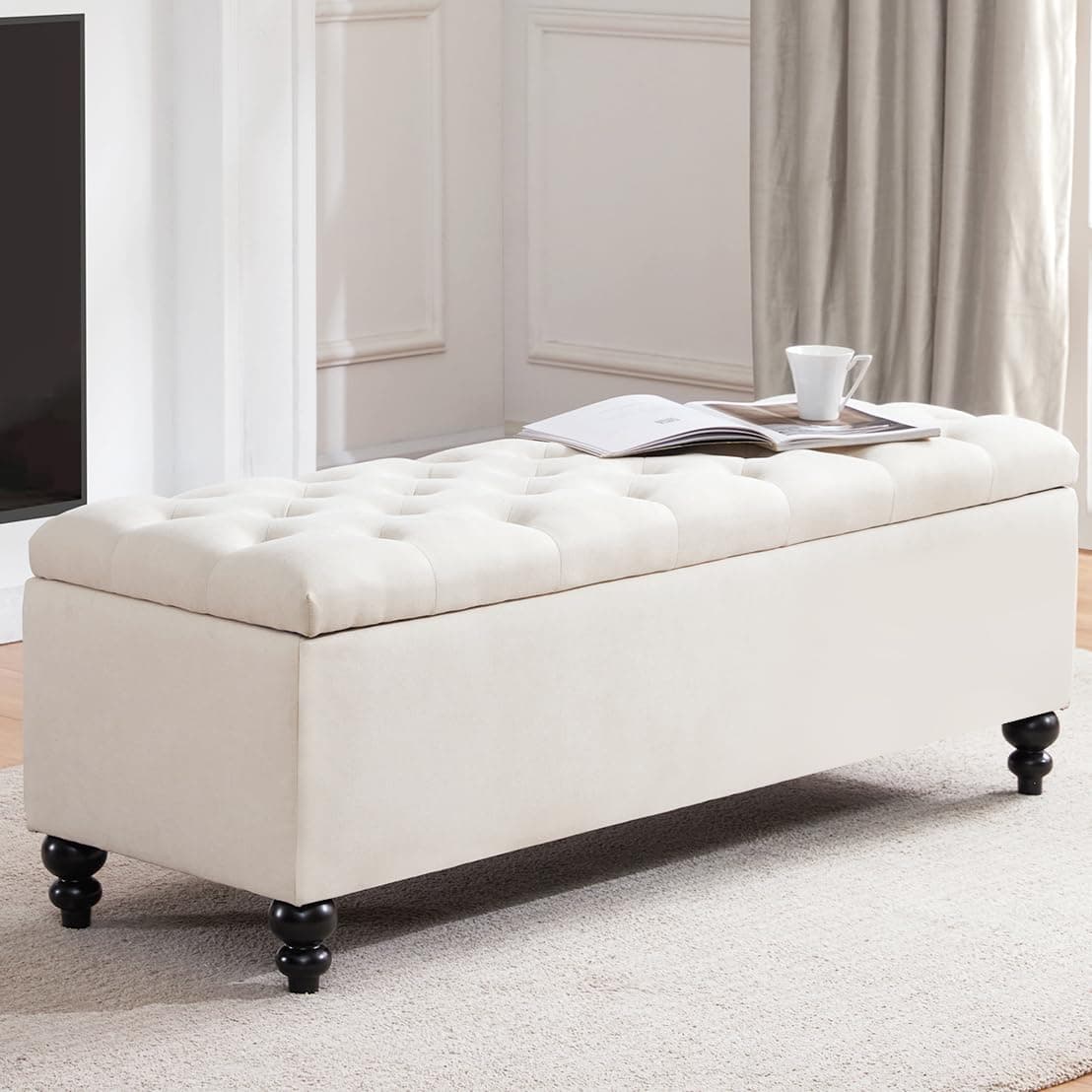HUIMO Upholstered Ottoman with Button-Tufted Storage Bench, Large Bedroom Bench with Safety Hinge, 51-inch Ottoman for Bedroom and Living Room (Ivory)