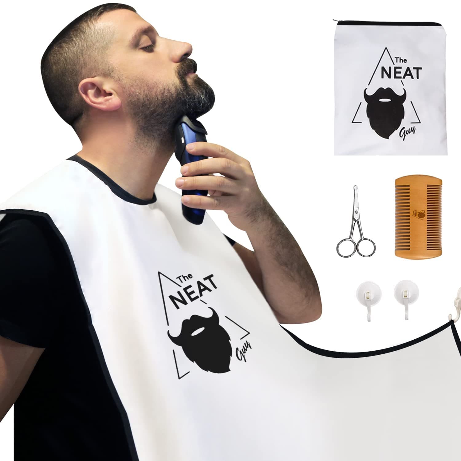 The Neat Guy5-Piece Beard Apron Kit - Non-Stick Beard Catcher/Bib + 2 Strong Suction Cups + Comb + Scissor + Bag for Mess-Free Shaving, Best Gift for Men (Set White)