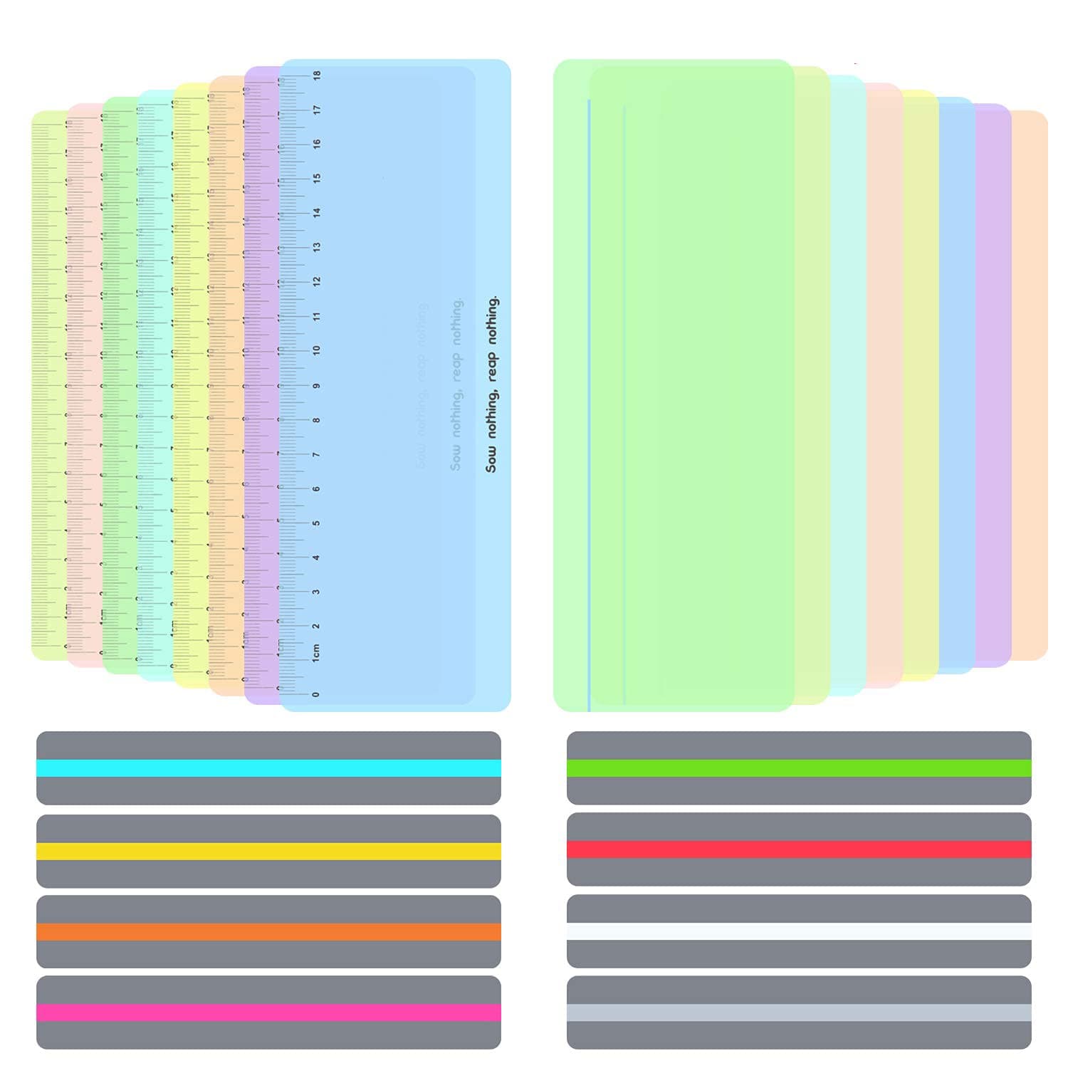 24 Pieces Guided Reading Highlight Strips Colored Overlay Reading Tracking Rulers for Dyslexia & ADHD and to Reduce Visual Stress（8 Standard Size, 8 Large Size with Scale and 8 Large Size）