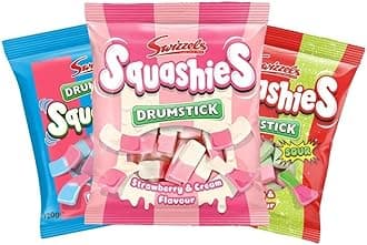 Squashies Drumstick Candy Variety 3 Pack Bundle - 3 Flavors Strawberry & Cream, Sour Cherry & Apple, Bubblegum - 120g Each - Imported from the UK