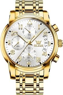 Men's Stainless Steel Chronograph Watch, Big Face Gold Silver Black Tone Easy to Read Analog Quartz Watch, Luxury Waterproof Date Diamond Roman Arabic Numerals Dial Dress Watch for Men
