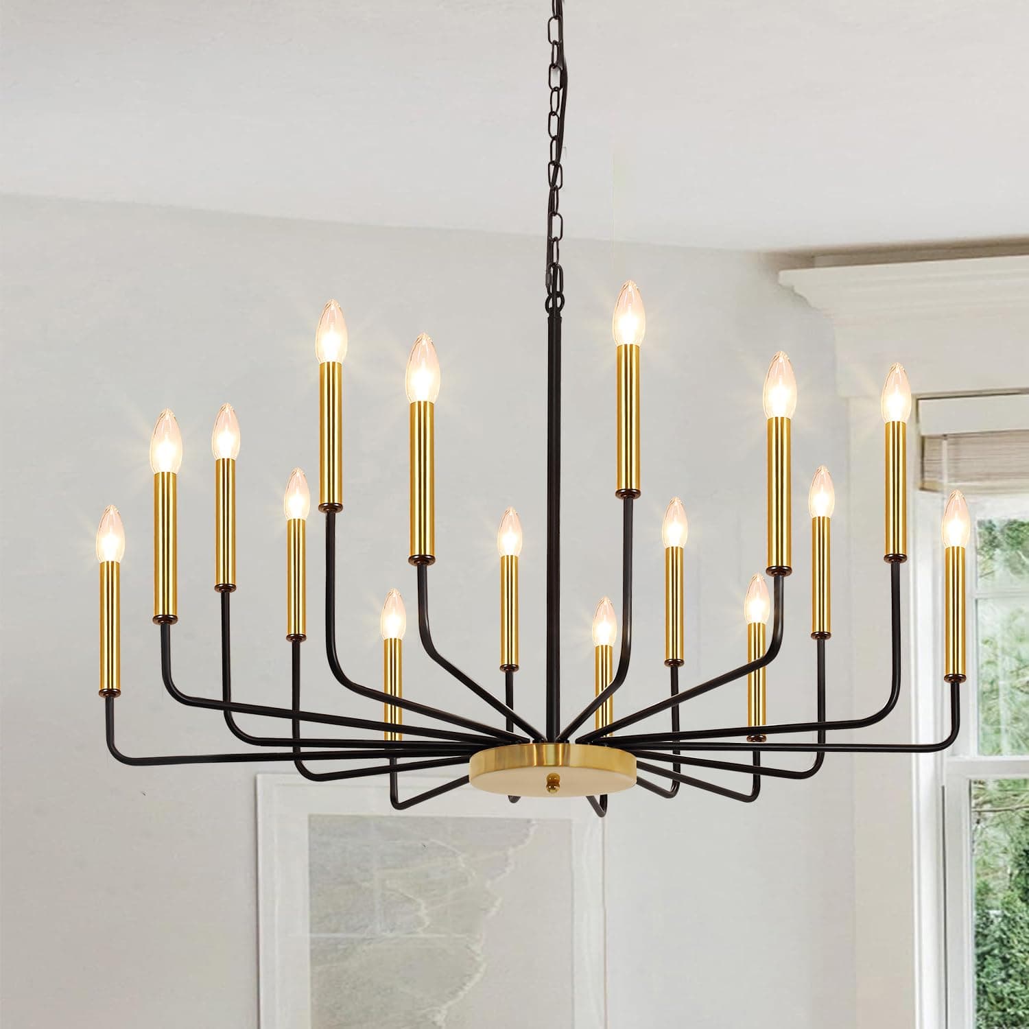 Black and Gold Chandelier, 16-Light Farmhouse Chandelier for Dining Room Lighting Fixtures Hanging, Industrial Modern Chandeliers for Dining Room Living Room Foyer Entry Staircase Kitchen
