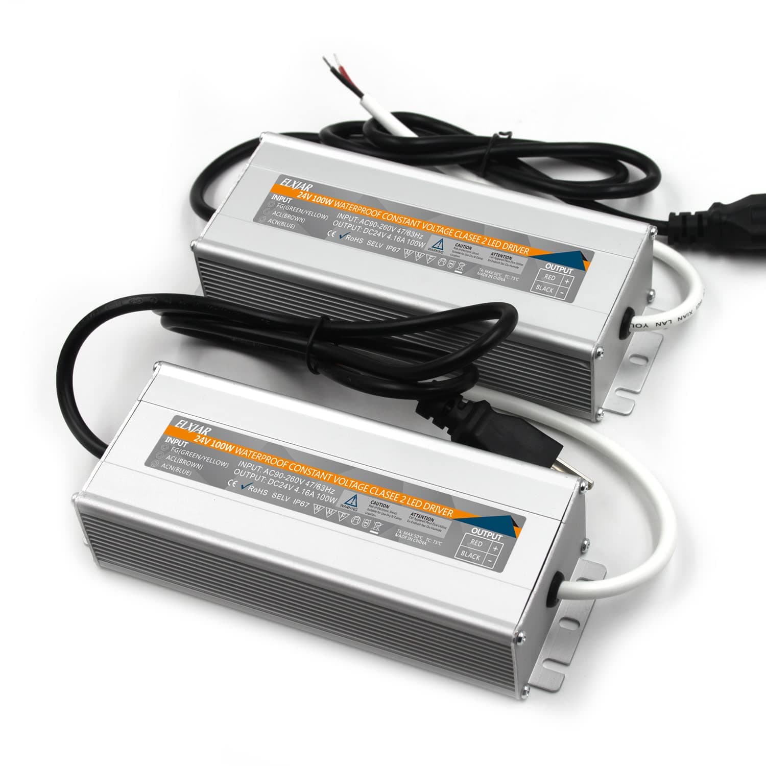 (2-Pack) 100W 24V Waterproof LED Power Supply Driver Transformer IP67 for LED Light, Computer Project, Outdoor Light, 90-260V AC to 24V DC with 3-Prong Plug