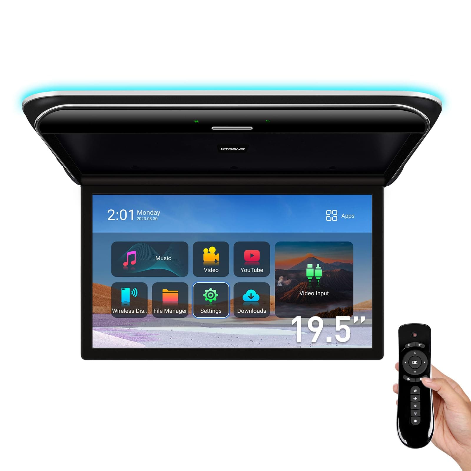 XTRONS Android Car Overhead Player 19.5 Inch Wide IPS Screen 8K Video Car Roof Mount Monitor with Built-in Stereo Speakers Flip Down Overhead Car Monitor Support WiFi, HDMI Input, USB, RCA Input