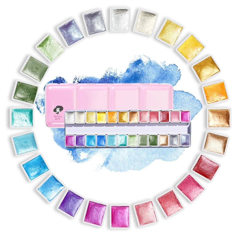 Artist Watercolor Paints-Metallic Glitter Solid Colors-Pink Portable Metal Case with Palette-24 Color Set Sparkle Watercolor