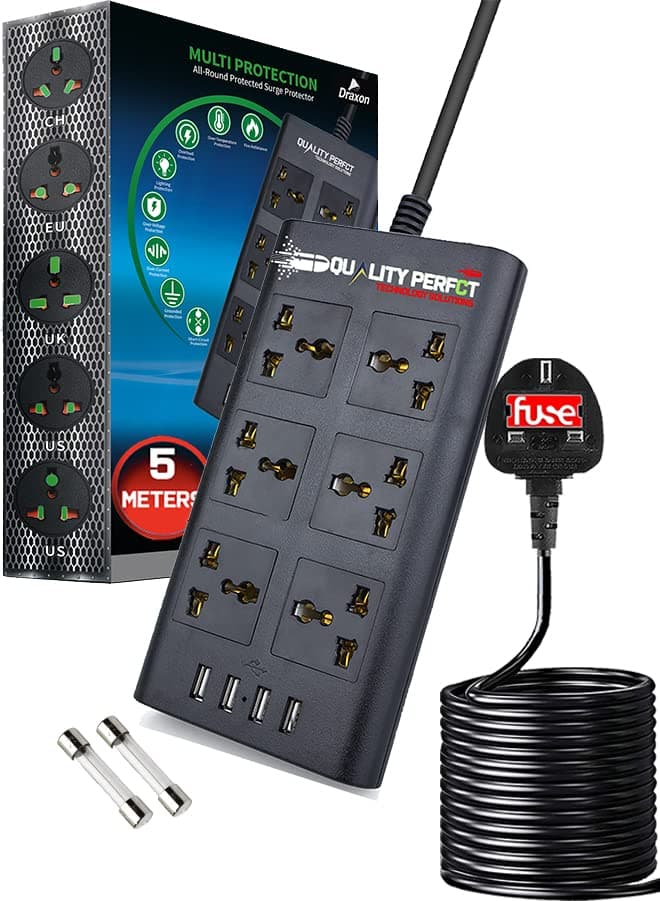 Extension Socket, Draxon 16.4 feet Anti Fire Surge Protector Heavy Housing Material with 6 Outlets and 4 USB Ports