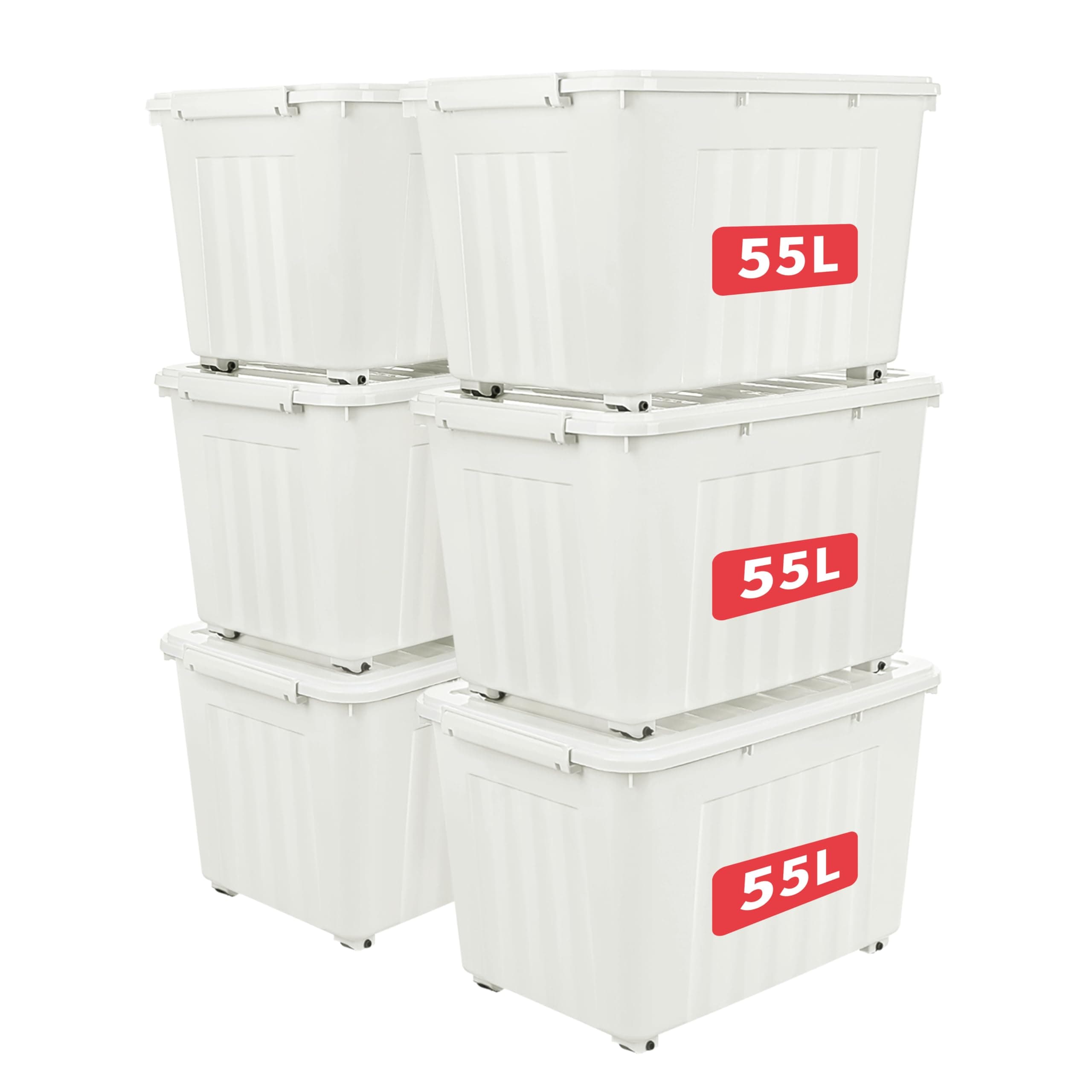 Cetomo 55L*6 Storage Boxes with Lids, Plastic Storage Box with Wheels and Secure Side Latches, Stackable & Nestable Organizer for Home, Office, Moving, PP, White, 55L-6 Pack