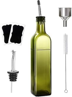 Leaflai Olive Oil Dispenser Bottle, 1 Pcs Green Glass Olive Oil Dispenser and Vinegar Dispenser Set with 2 Stainless Steel Pourers, 2Labels,1 Brush and 1 Funnel Oil Bottles for Kitchen, 17 oz(500ml)
