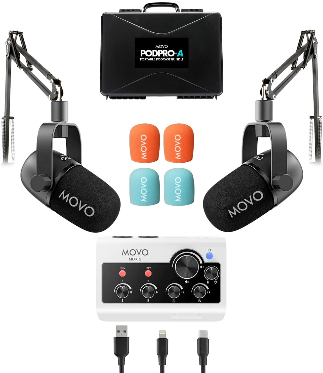 Portable Podcast Equipment Pack for iPhone/Android Phones, Podcast Kit with Audio Interface, 2 Dynamic CastMic Microphones, 2 Microphone Arms for Smartphones, Computers, PC