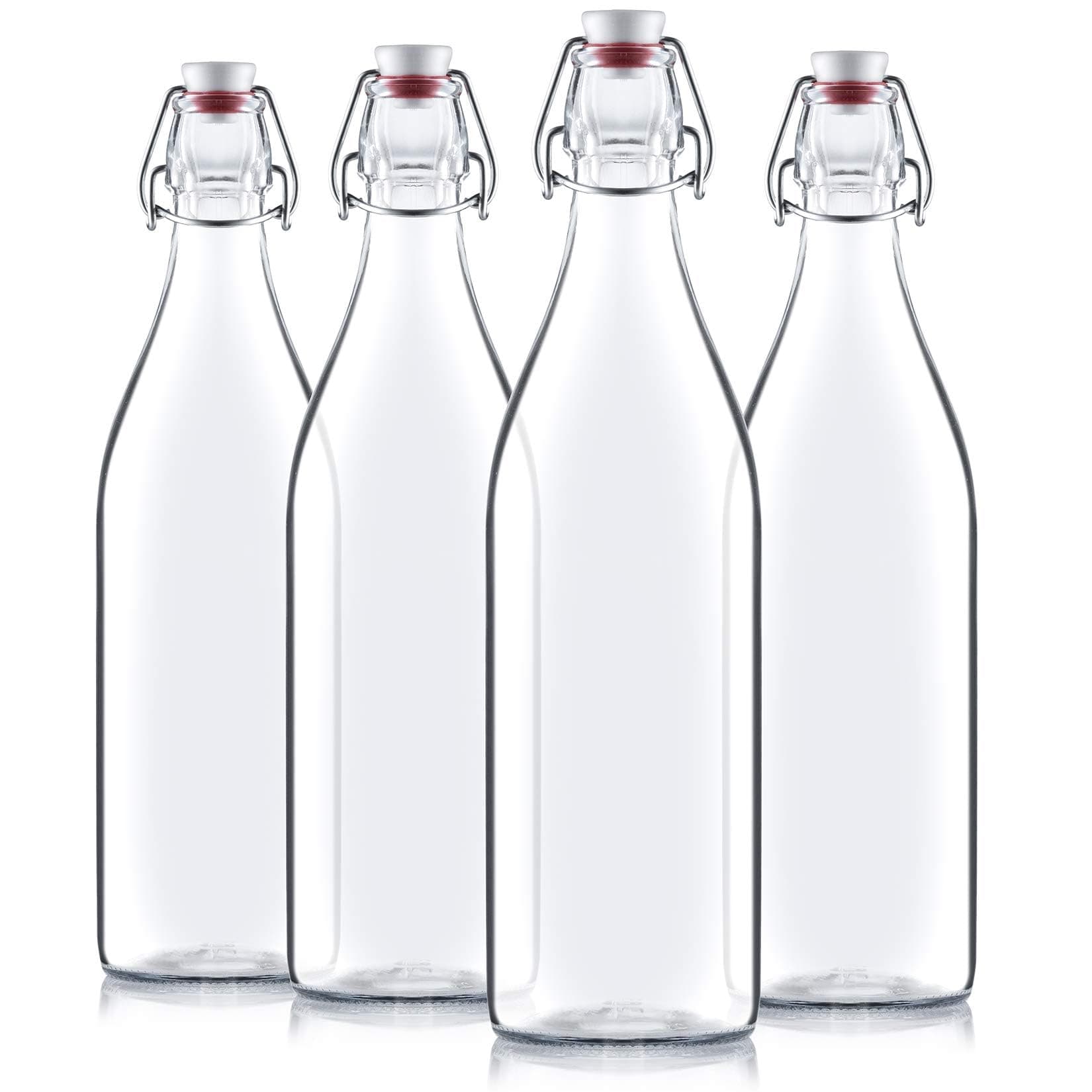 Giara Swing Top Bottles 33 ¾ Ounce-4 Pack Round Clear Glass Grolsch Flip Top Bottle With Stopper, for Beverages, Smoothies, Kefir, Beer, Soda, Juicing, Kombucha, Water, Milk and Vinegar