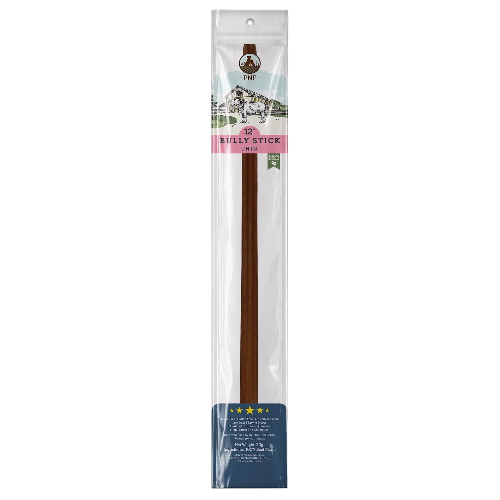 12" Bully Stick (Thin) - 1 piece - Dog Chew - Made from Antibiotic-free, hormones-free Beef - Ideal for smaller breeds and senior dogs