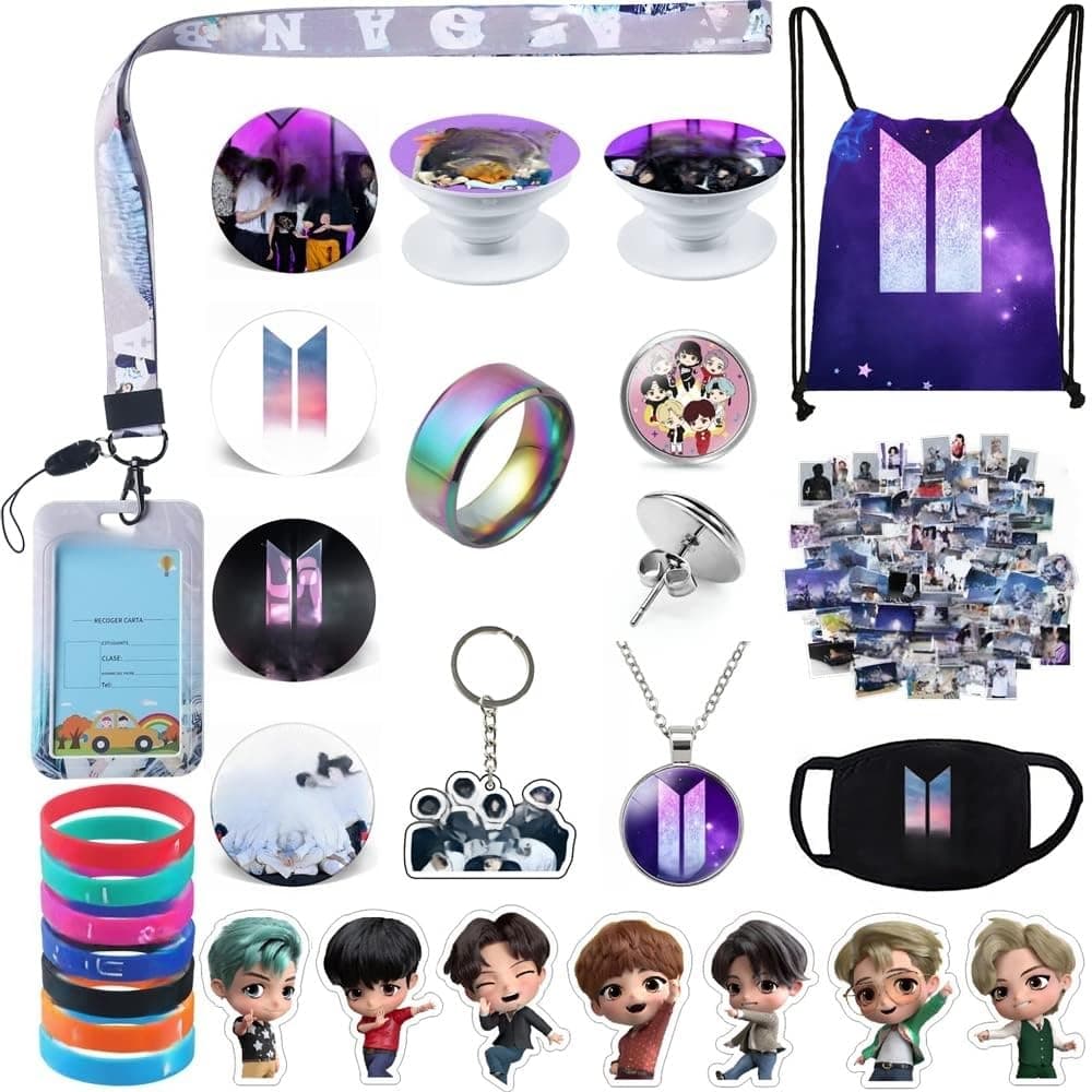 eTel Like BTS Gifts Set, Including Drawstring Bag Backpack, Necklace, Earrings, Rings, Bracelets, Face M-asks, Button Pins, Lanyard ID Holder, Keychain, Phone Ring Holder, Stickers