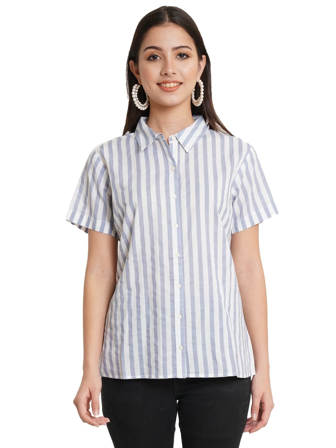9 ImpressionIX Impression Women Blue & White Stripe Collared Style Top