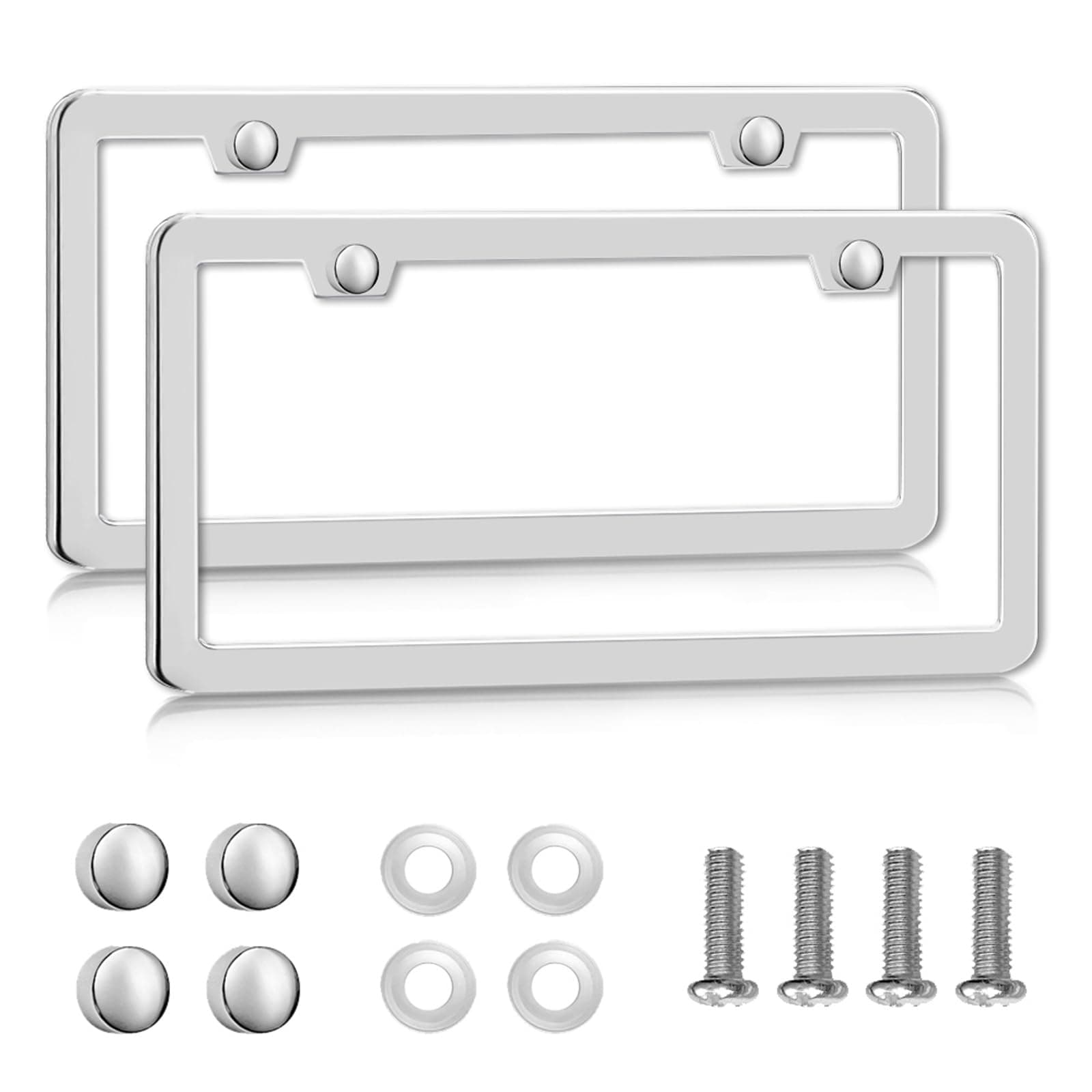 lengnoyp Solid Silver License Plate Frames 2 Pack, 2 Holes Rust-Proof License Plate Holder, Universal Car Stainless Steel License Plate Frame for Women & Man (Screws & Chrome Caps) by Lengnoyp