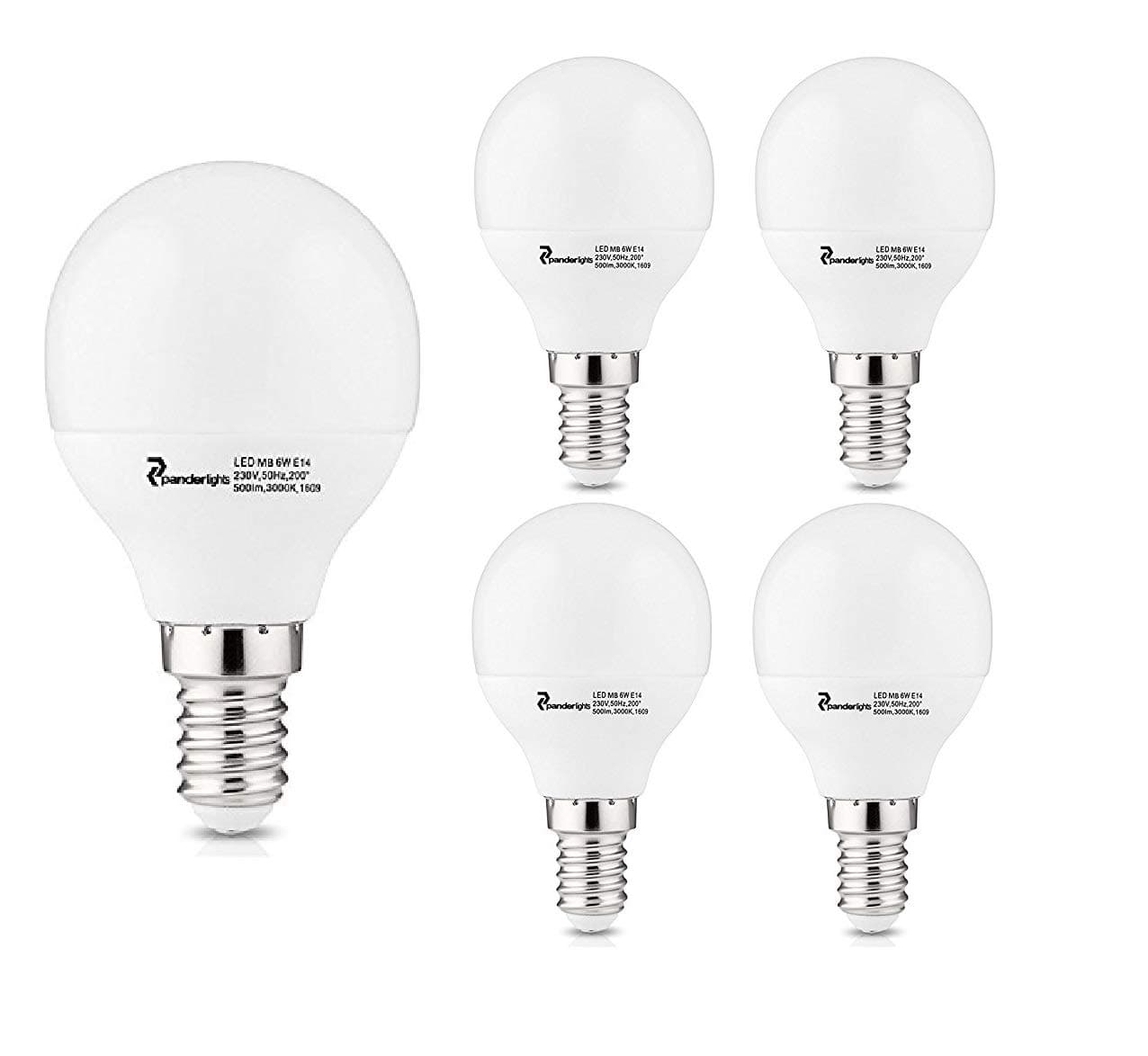 PanderLights Pack of 5 E14 LED MB Bulbs 6 W 500 lm (Replaces approx. 50 W) Warm White SMD LED Bulbs with 150° Beam Angle