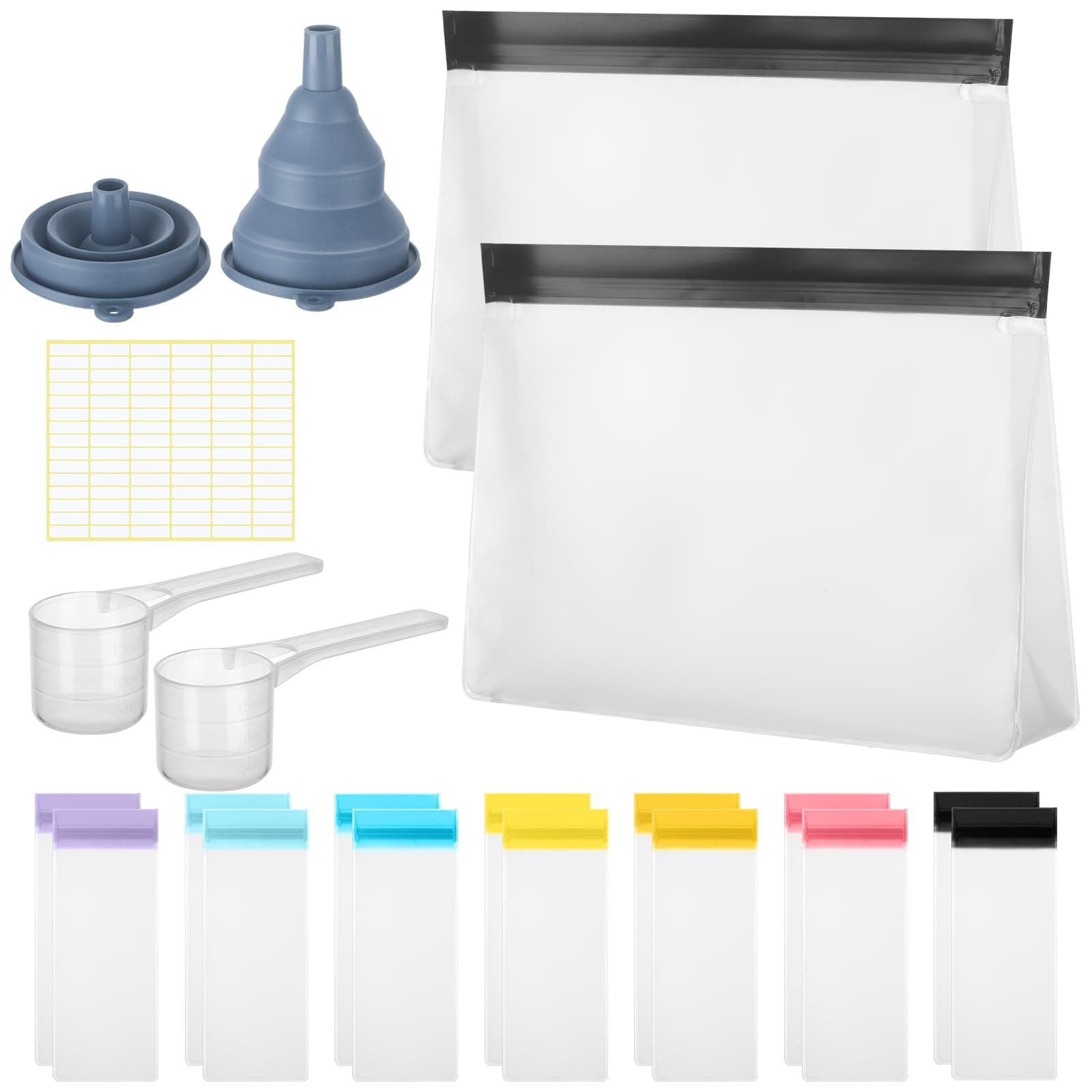 21 Pcs Protein Powder Travel Container Set Single Dose Reusable Powder Supplement Packets Portable Travel Organizer Zip up Bags with Funnels, Spoons and Sheet Labels