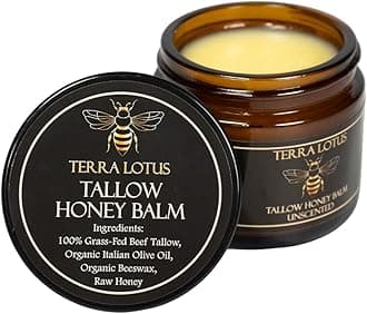 Terra Lotus - Organic Grass-Fed Beef Tallow Balm with Raw Honey - Moisturizing Cream for Soft, Smooth Skin - Handmade All-Natural Moisturizer (2 Oz, Unscented)