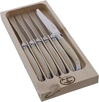 Laguiole 6-Piece Steak Knife Set, Ivory Handles - 1.5 mm Blades - Rust-Resistant Stainless Steel - Includes Wooden Tray - Made in France