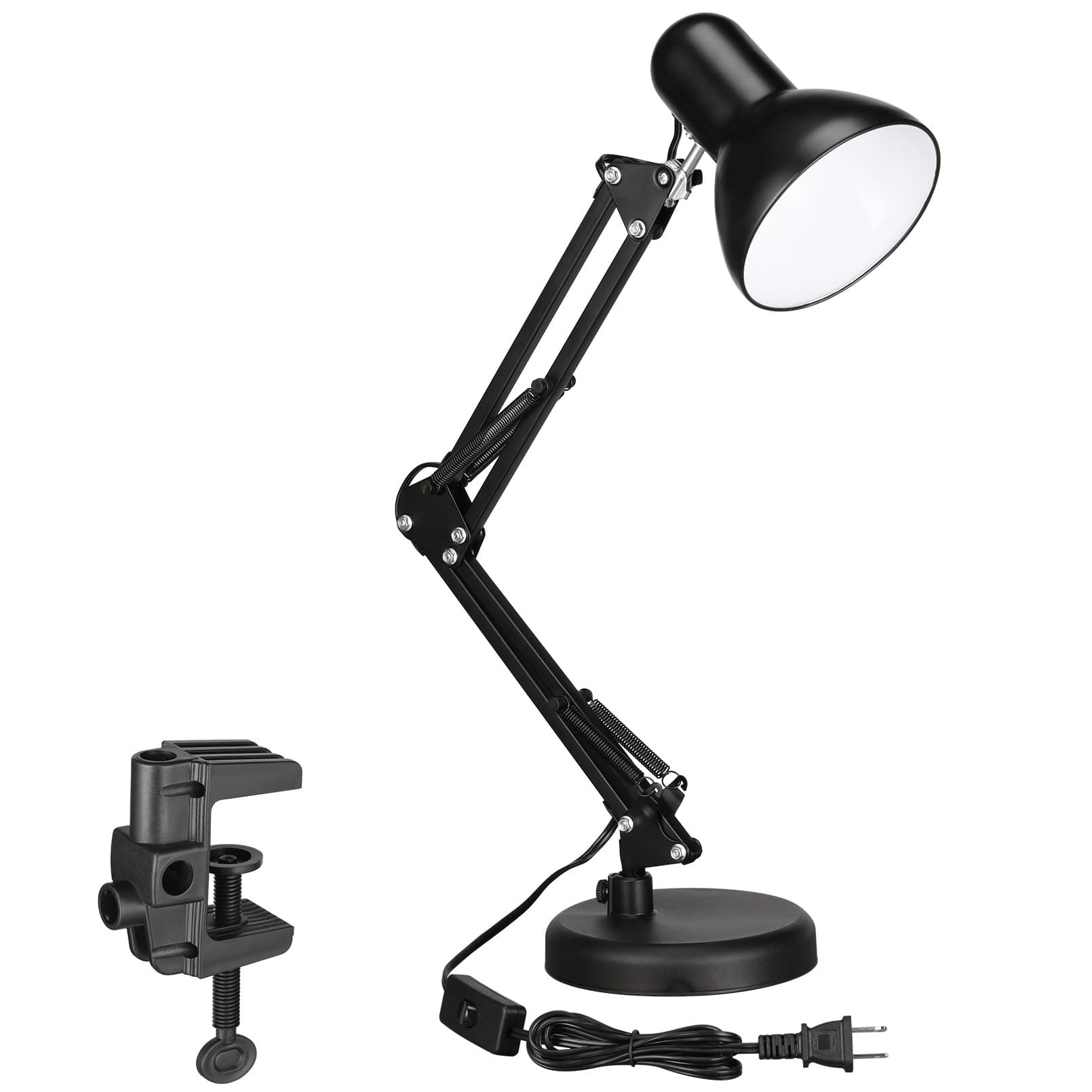 Metal Swing Arm Desk Lamp, Interchangeable Base Or Clamp, Classic Architect Clip On Table Lamp, Multi-Joint, Adjustable Arm, Black Finish (UL Plug)