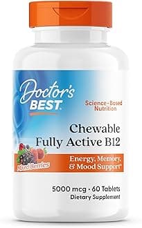 Doctors Best Chewable Fully Active Methyl B12, Methylcobalamin, Energy, Memory, & Mood Support, Non-GMO, Gluten Free, Soy Free, Vegan 60 Tablets