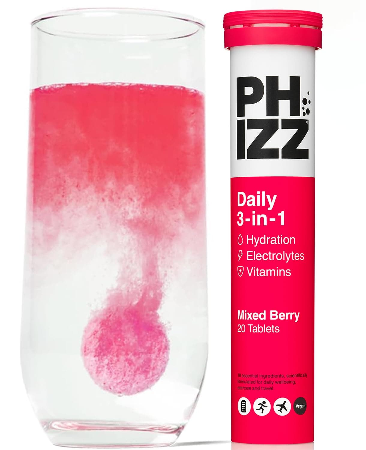 – Phizz Electrolytes, Multivitamin & Hydration Tablets - 20 Effervescent Rehydration Electrolyte Tablets - 18 Vitamins & Minerals, Vitamin C, Vegan, Vegetarian & Low Calorie (Mixed Berry, 20 Tablets)