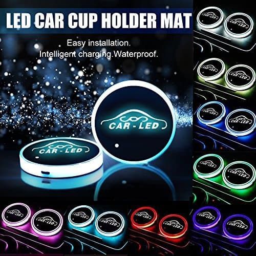 Led Car Cup Holder Mat Pad Waterproof Bottle Drinks Coaster Built-in Vibration Automatically Turn On at Dark Universal 8-Color Light 2-Packs