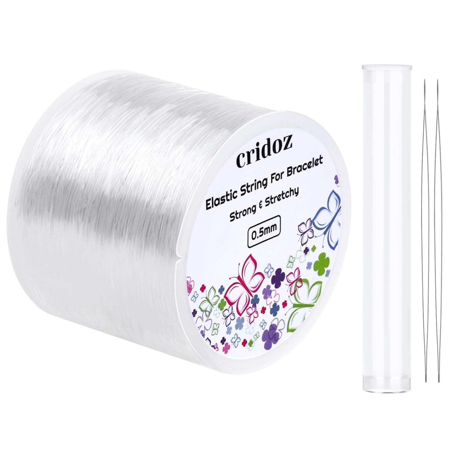 Cridoz Stretchy String for Bracelets, 0.5mm Clear Elastic String Stretch Cord Jewelry Bead Bracelet String with 2 Pcs Beading Needles for Seed Beads, Pony Beads, Bracelets and Jewelry Making
